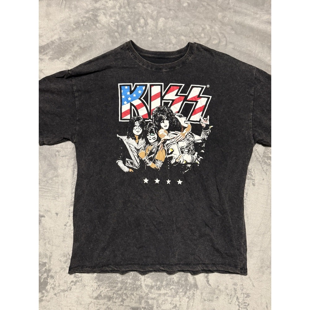 KISS T-Shirt Mens Medium Gray Patriotic American Flag Band Logo Graphic Print